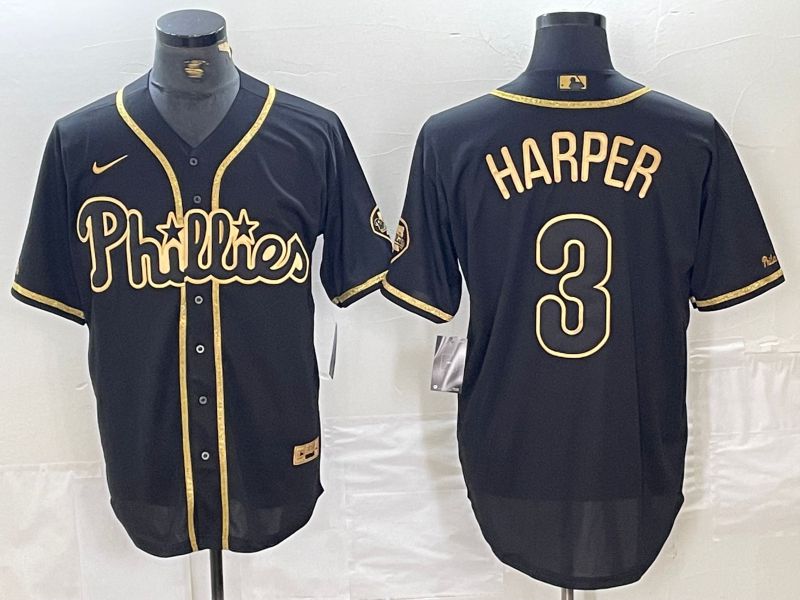 Men Philadelphia Phillies #3 Harper Black gold Fashion 2024 Nike MLB Jerseys